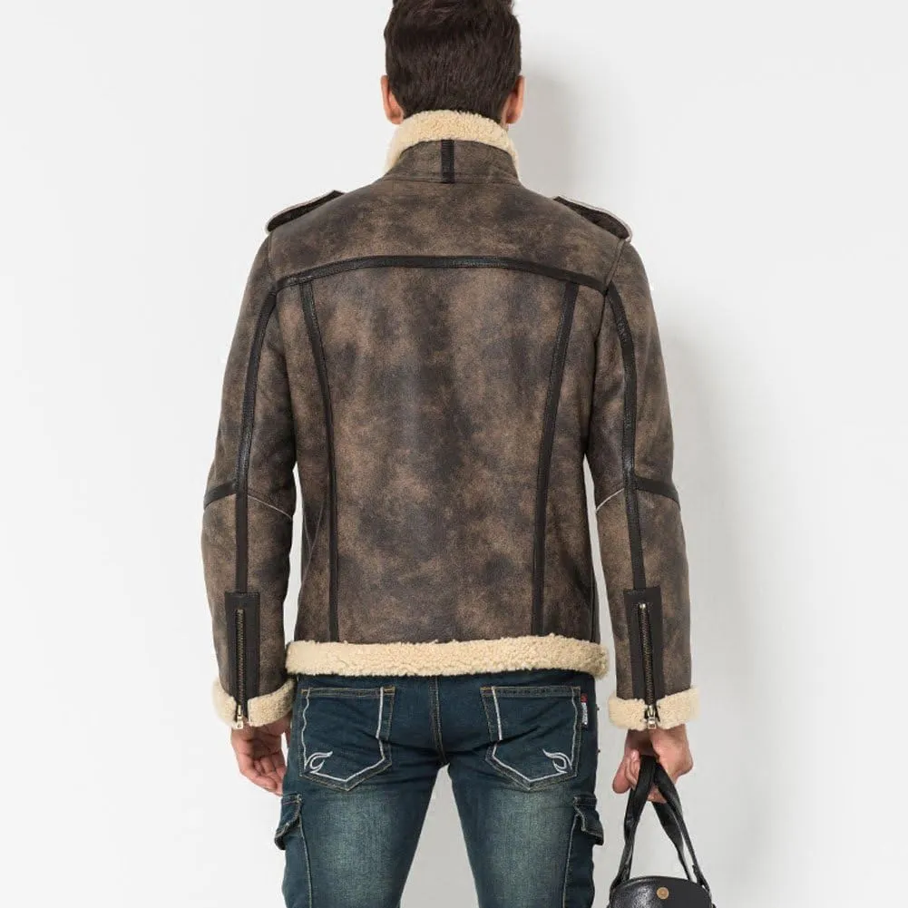 Denny&Dora Leather Jacket Fur Coat Flight Jacket Men Shearling Jacket Aviator Jacket Motorcycle Coat