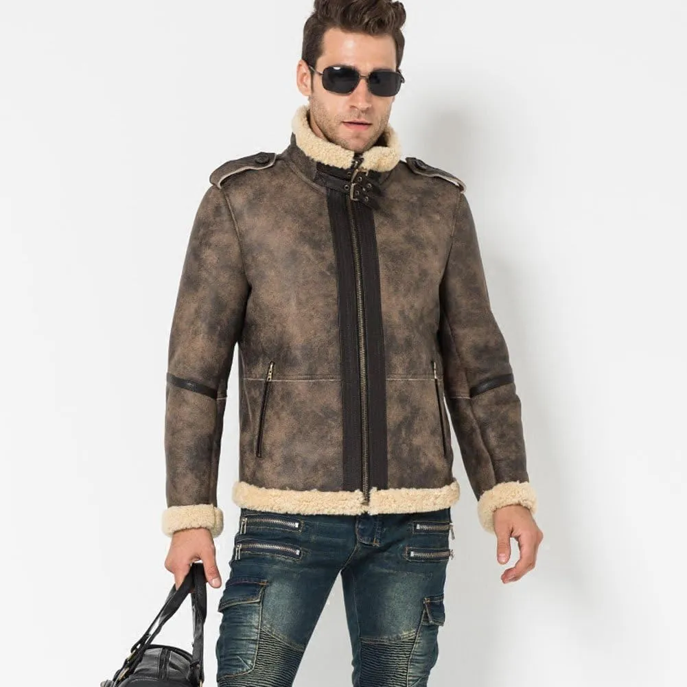 Denny&Dora Leather Jacket Fur Coat Flight Jacket Men Shearling Jacket Aviator Jacket Motorcycle Coat