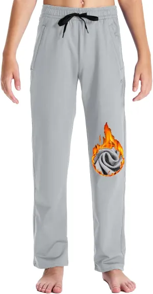 DEVOROPA Youth Boys' Fleece Lined Sweatpants Open Bottom Water Resistant Winter Thermal Track Athletic Pants Zipper Pockets
