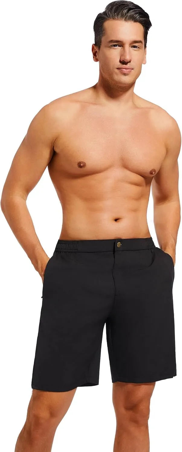 difficort Mens Swim Trunks with Compression Liner 9" Zipper Fly Bathing Suits Quick Dry Swimming Shorts with Zipper Pockets