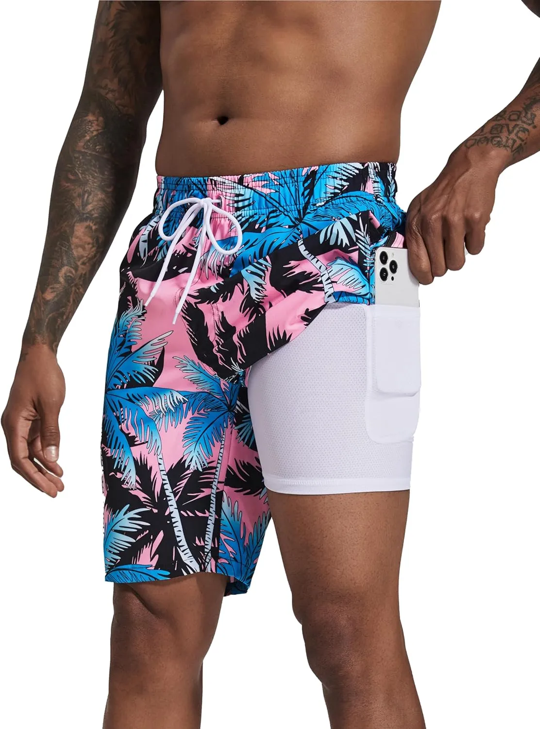 difficort Mens Swim Trunks with Compression Liner Quick Dry Bathing Suits Shorts with Zipper Pockets