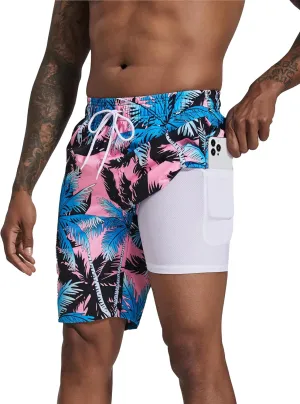 difficort Mens Swim Trunks with Compression Liner Quick Dry Bathing Suits Shorts with Zipper Pockets