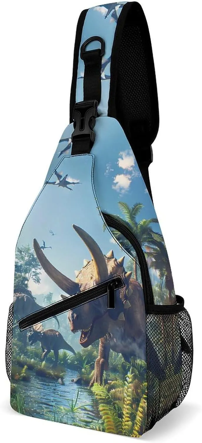 Dinosaurs Triceratops Pterosaur Fashion Chest Bag for Men Small Sling Bag Backpack Crossbody Travel Hiking Daypack