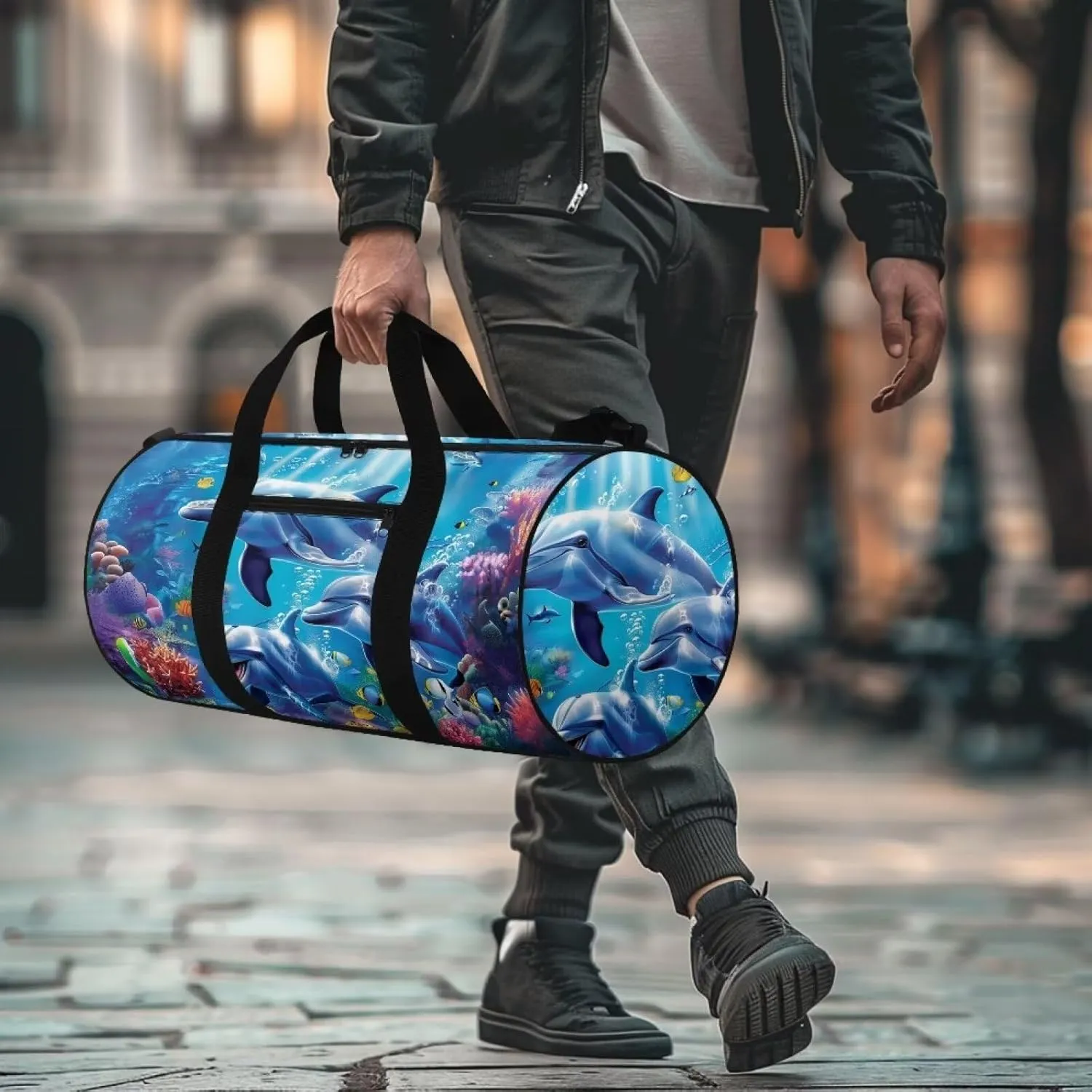 Dolphin Duffle Bag for Women, Sports Duffel Bag for Gym with Adjustable Strap, Overnight Weekender Travel Bag