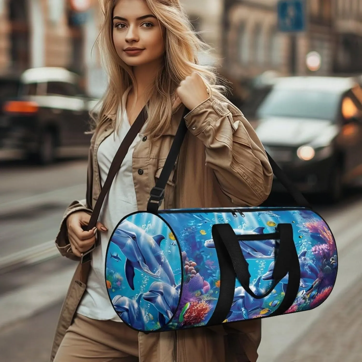 Dolphin Duffle Bag for Women, Sports Duffel Bag for Gym with Adjustable Strap, Overnight Weekender Travel Bag