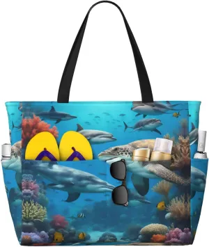 Dolphins Sea Turtle Shark Octopus Coral Reef Print Unisex Large Capacity Beach Travel Bag Vacation Picnic Sport Tote Portable Gym Bag