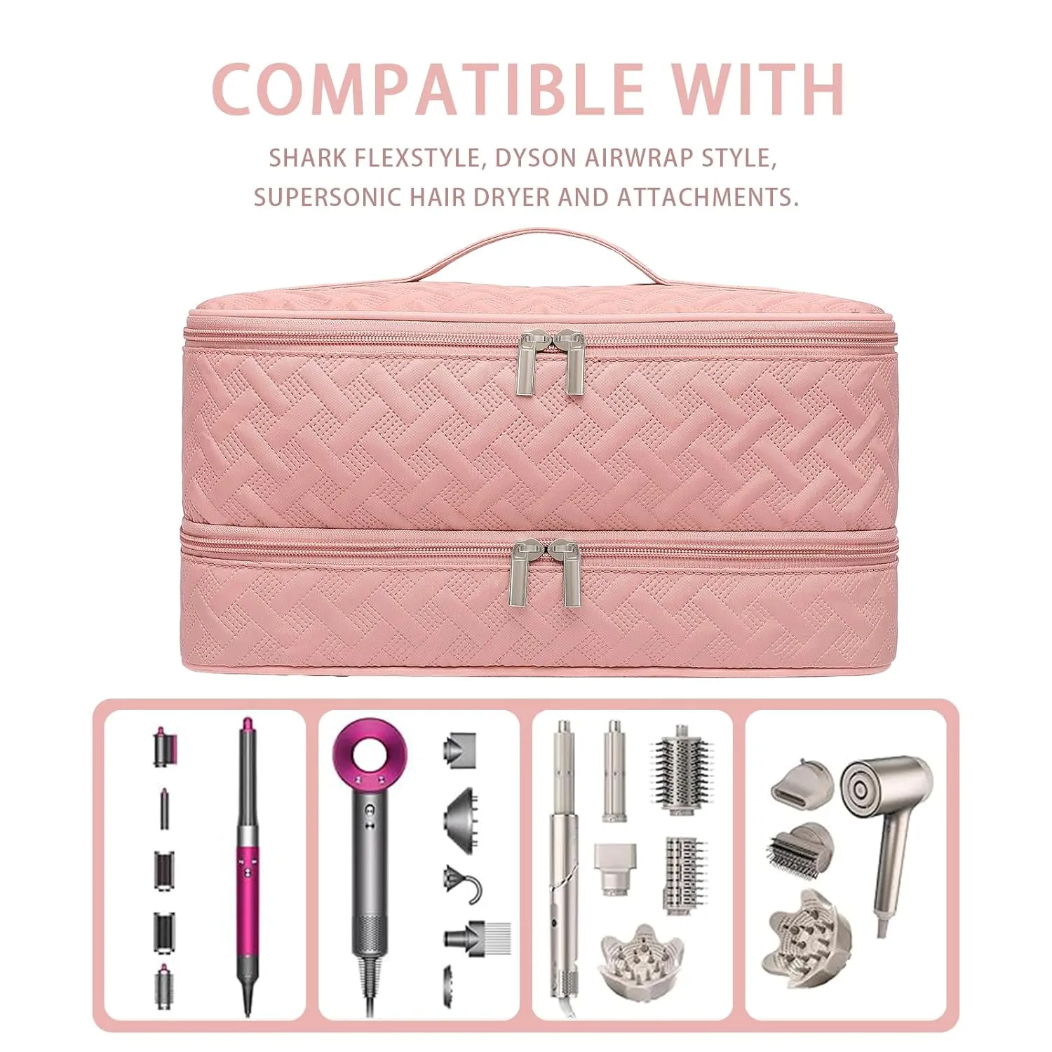 Double-Layer Travel Carrying Case for Revlon One-Step Hair Dryer Brush/Volumizer Styler Shark FlexStyle Attachment Portable Storage Organizer Bag Hair Tools Travel Bag (Pink)