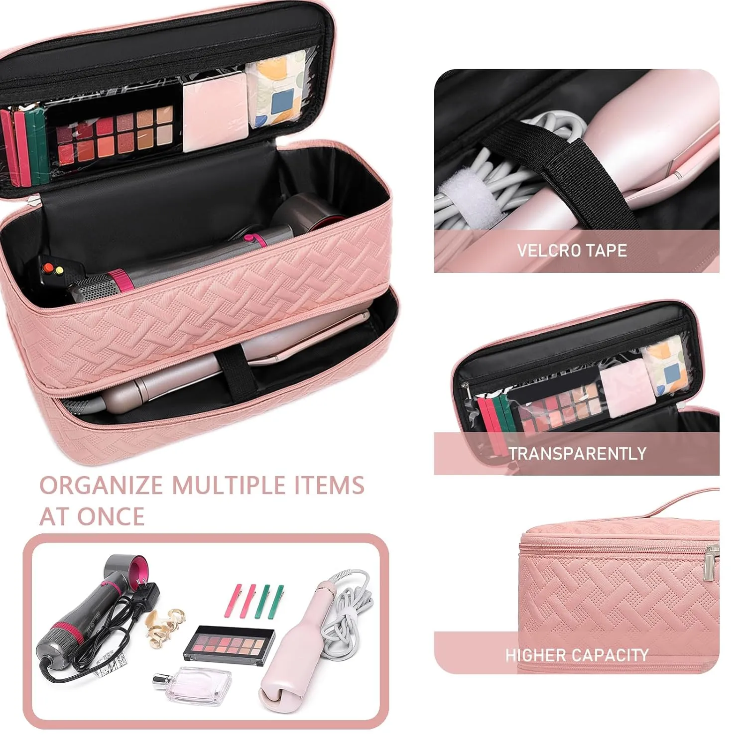 Double-Layer Travel Carrying Case for Revlon One-Step Hair Dryer Brush/Volumizer Styler Shark FlexStyle Attachment Portable Storage Organizer Bag Hair Tools Travel Bag (Pink)