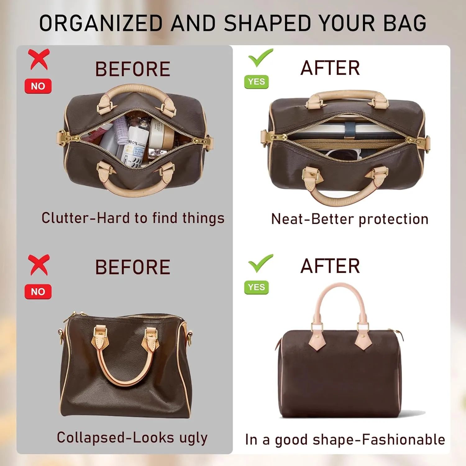 Doxo Purse Organizer Insert for Handbags & Base Shaper Combination,Tote Bag Organizer Insert with 6 Sizes,Compatible with LV Speedy & Neverfull ON THE GO and More (L-Beige)