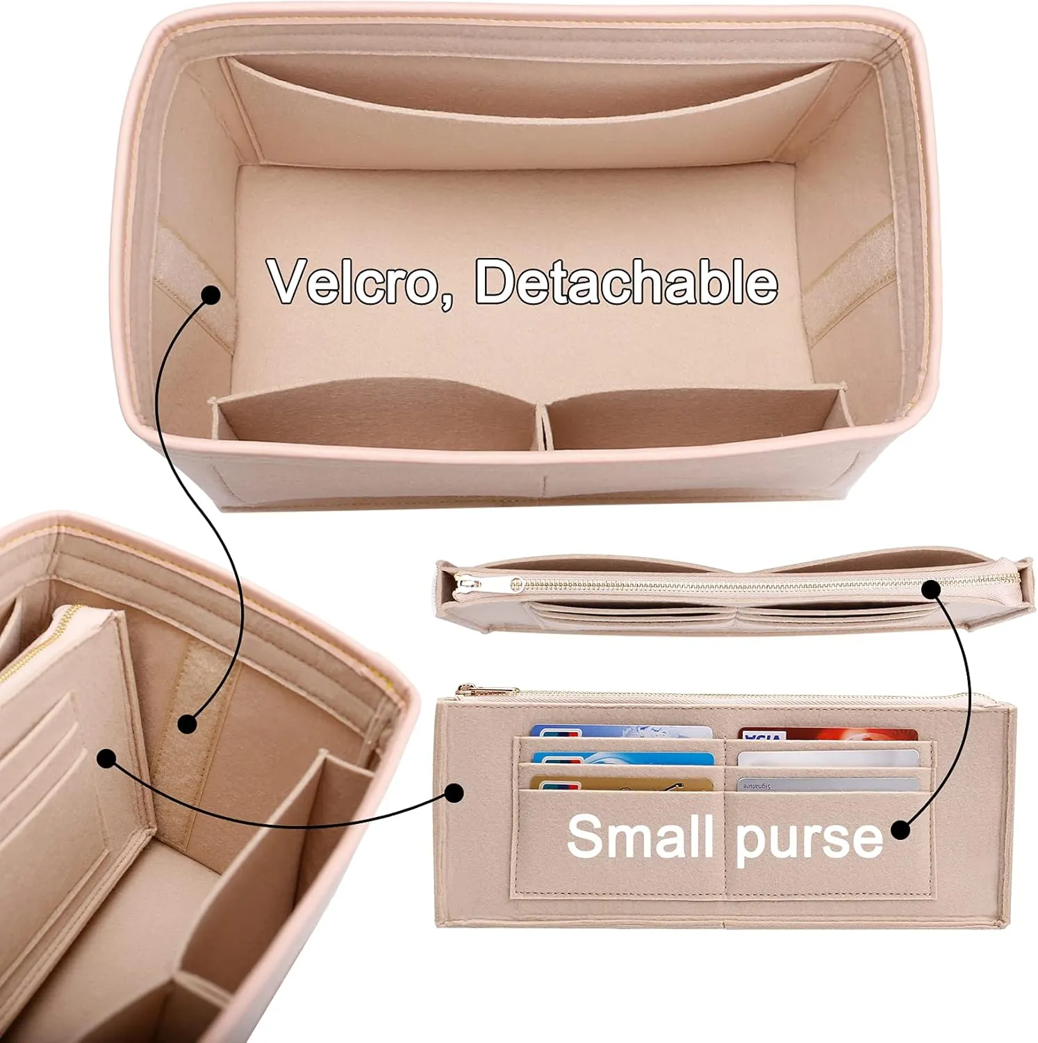 Doxo Purse Organizer Insert for Handbags & Base Shaper Combination,Tote Bag Organizer Insert with 6 Sizes,Compatible with LV Speedy & Neverfull ON THE GO and More (L-Beige)