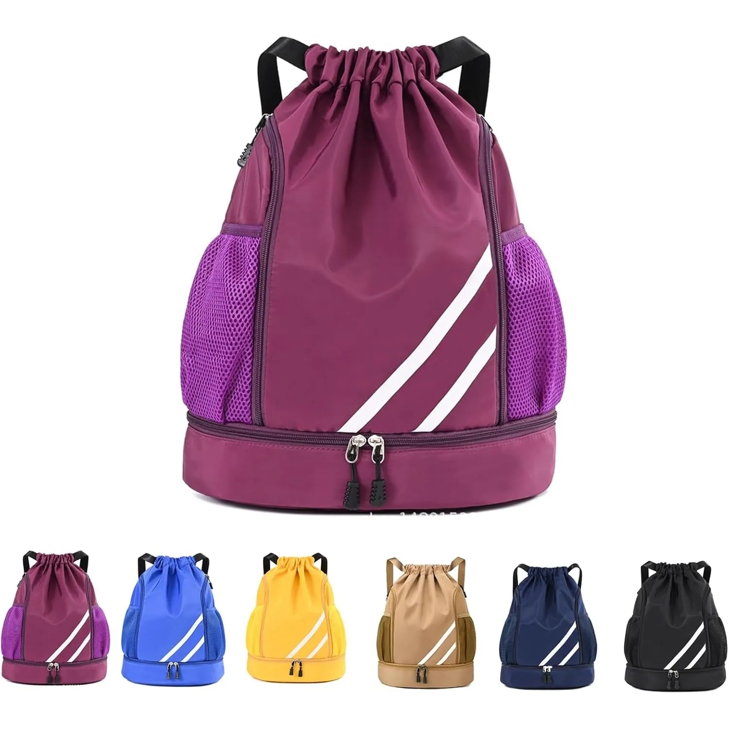 Drasry Drawstring Backpack Resistant String Bag Swimming Gym Sports with Compartment Side Mesh Pockets for Women Men