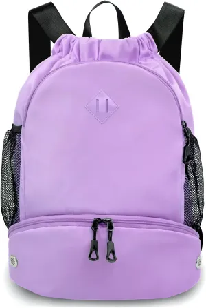 Drawstring Backpack Gym Backpack with Shoe Compartment for Men Women String Sports Bag with Wet Pocket Cinch Swim Beach Bag, Purple (Patent Pending)