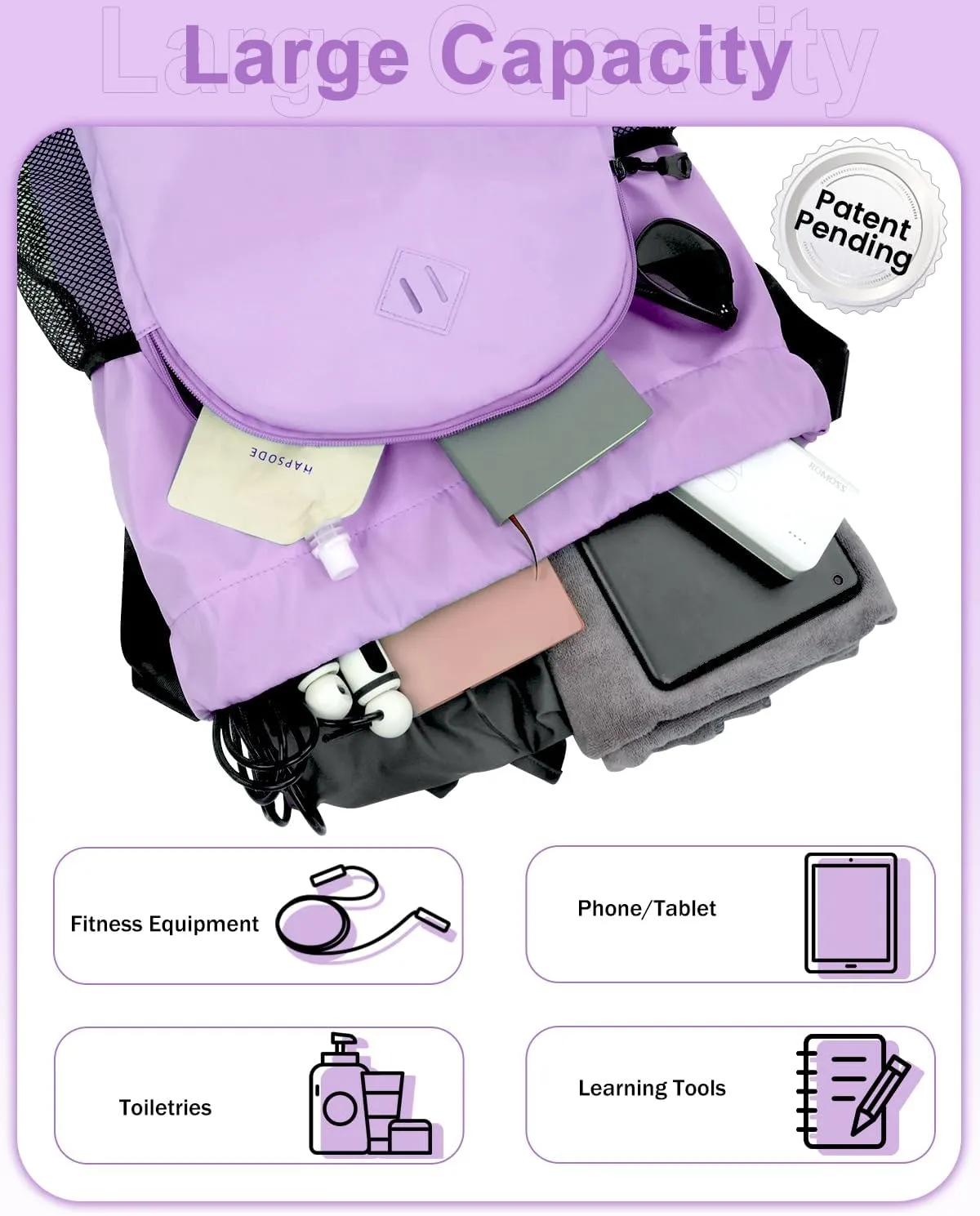 Drawstring Backpack Gym Backpack with Shoe Compartment for Men Women String Sports Bag with Wet Pocket Cinch Swim Beach Bag, Purple (Patent Pending)