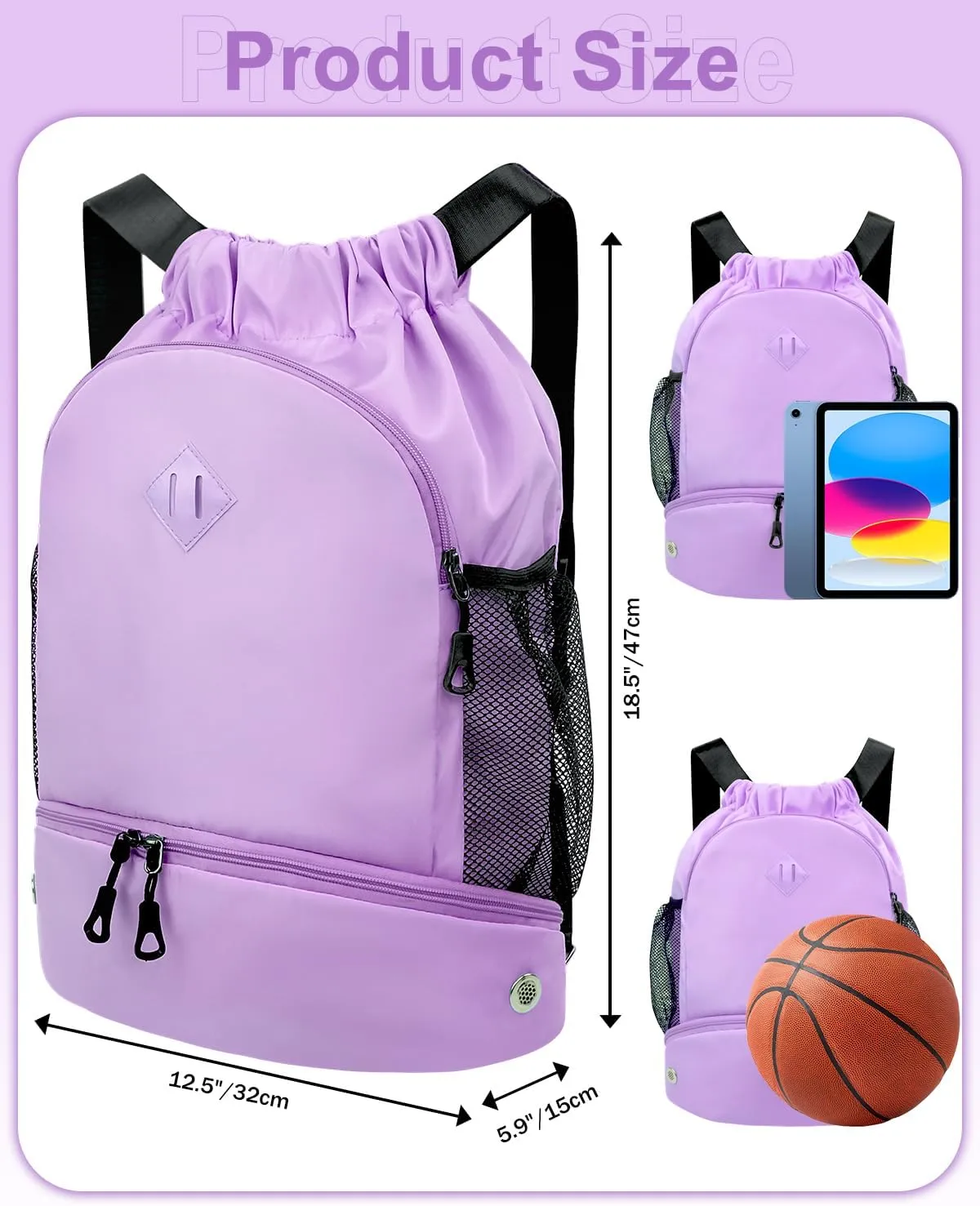 Drawstring Backpack Gym Backpack with Shoe Compartment for Men Women String Sports Bag with Wet Pocket Cinch Swim Beach Bag, Purple (Patent Pending)