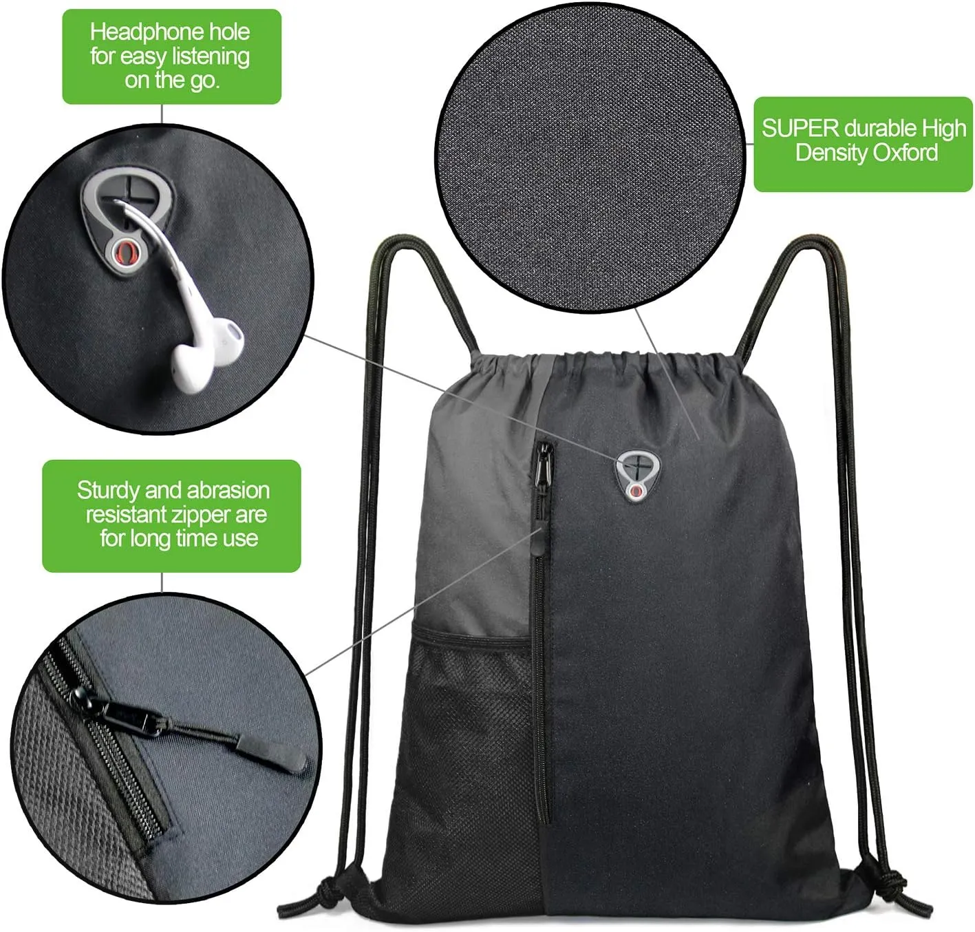 Drawstring Backpack Sports Gym Bag for Women Men Large Size With Two Zipper Pockets and Water Bottle Mesh Pockets