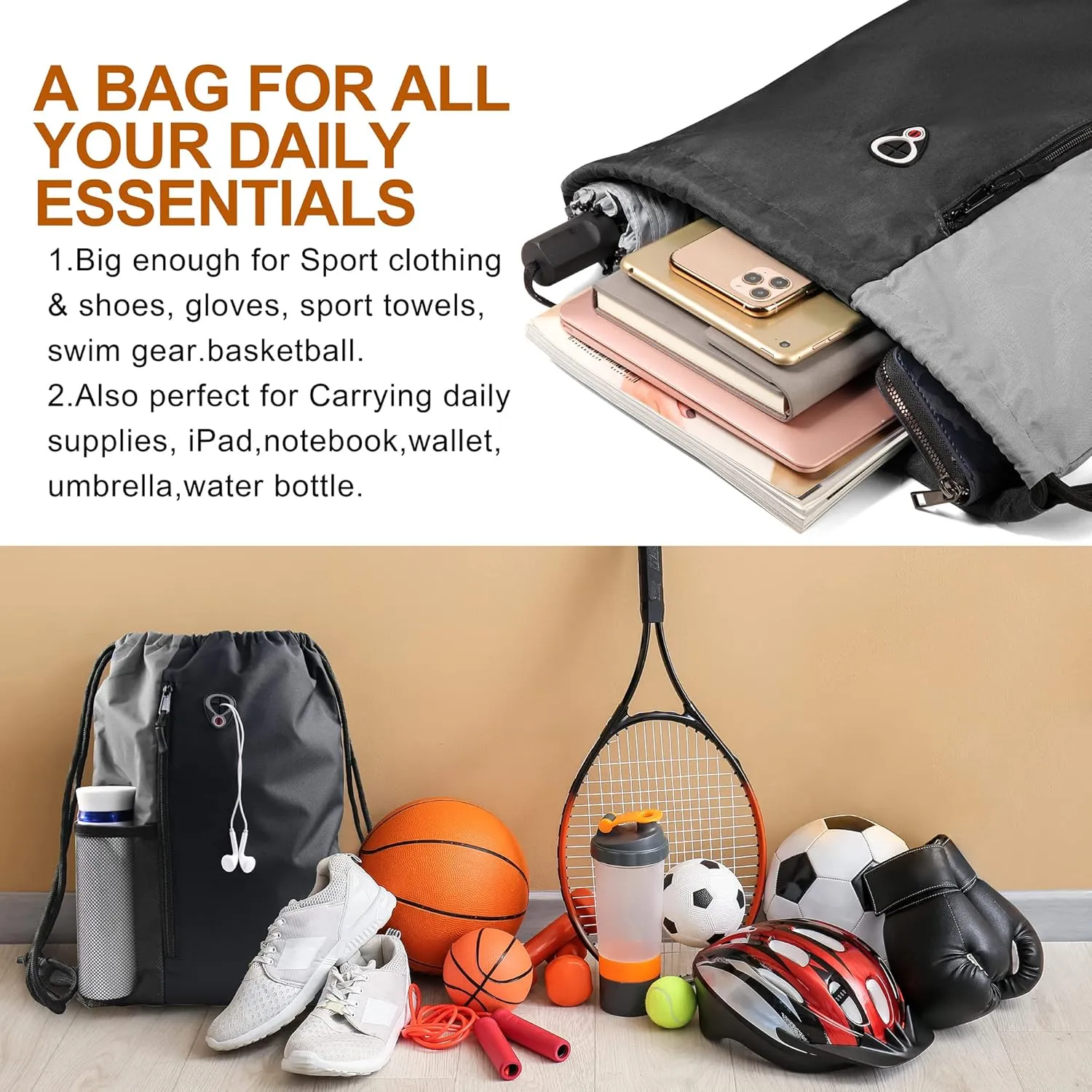 Drawstring Backpack Sports Gym Bag for Women Men Large Size With Two Zipper Pockets and Water Bottle Mesh Pockets