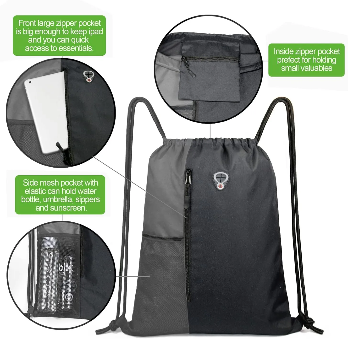 Drawstring Backpack Sports Gym Bag for Women Men Large Size With Two Zipper Pockets and Water Bottle Mesh Pockets