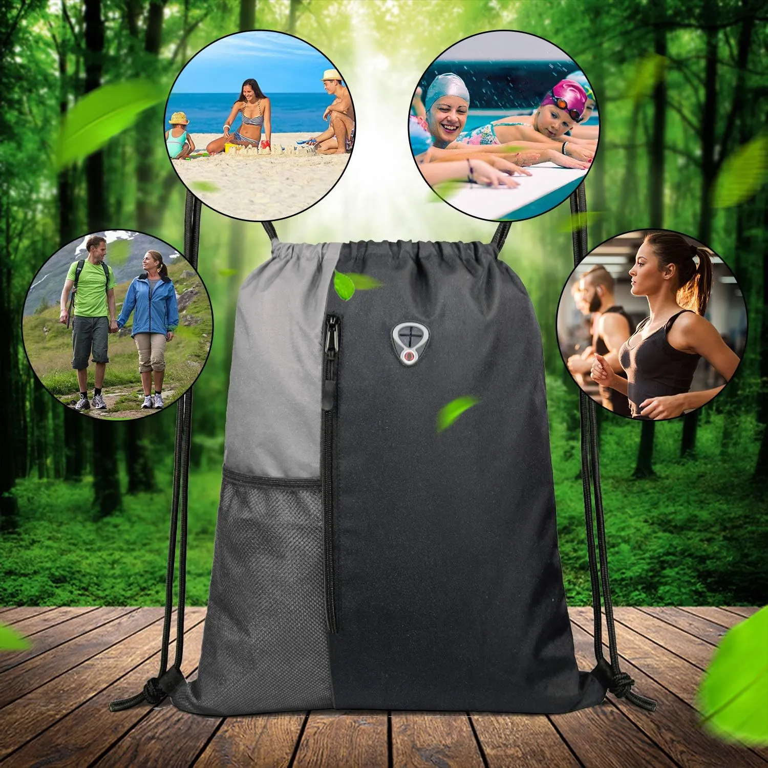 Drawstring Backpack Sports Gym Bag for Women Men Large Size With Two Zipper Pockets and Water Bottle Mesh Pockets