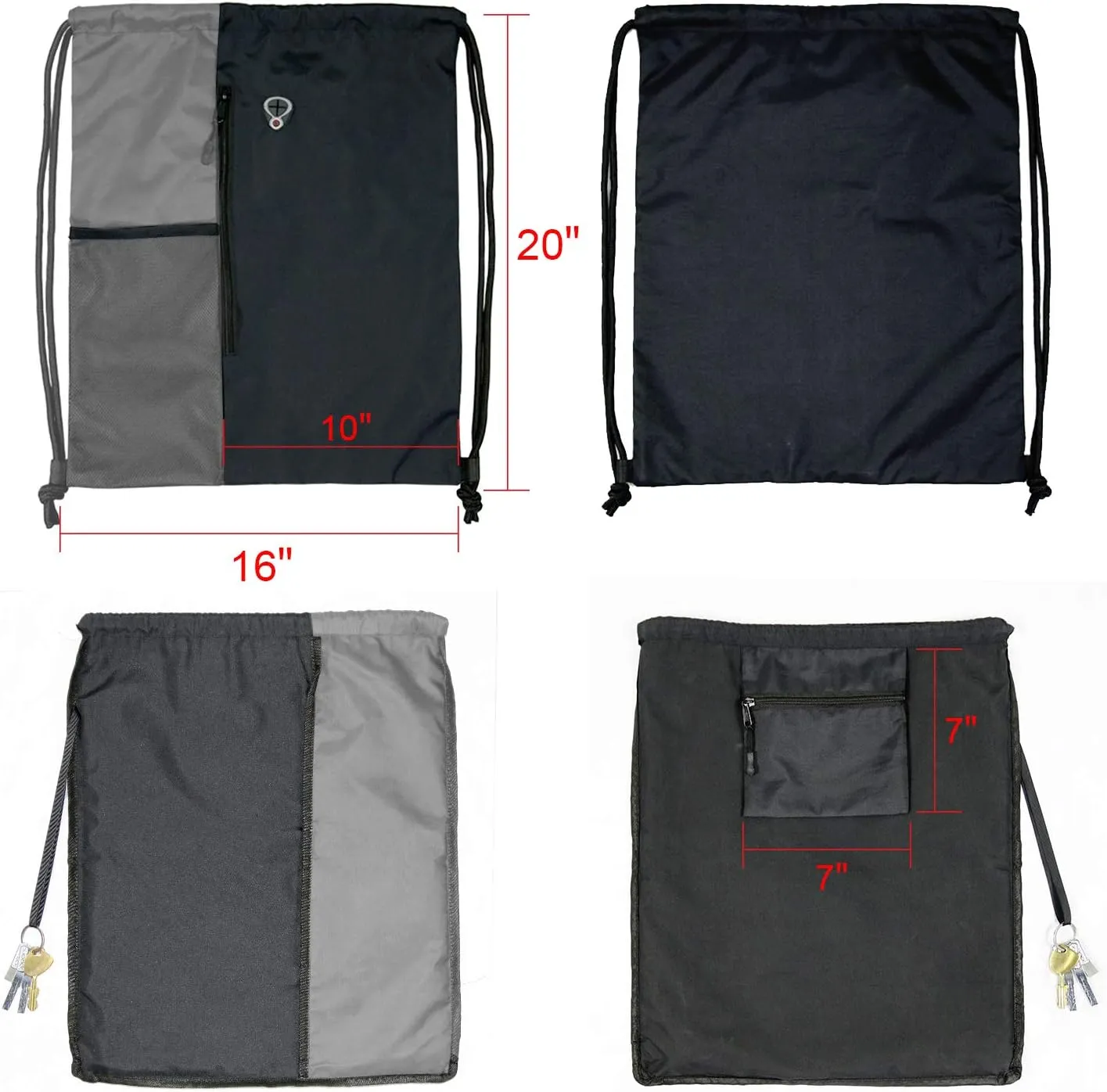 Drawstring Backpack Sports Gym Bag for Women Men Large Size With Two Zipper Pockets and Water Bottle Mesh Pockets
