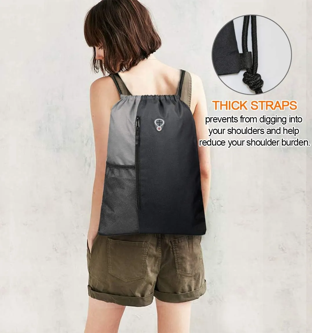 Drawstring Backpack Sports Gym Bag for Women Men Large Size With Two Zipper Pockets and Water Bottle Mesh Pockets