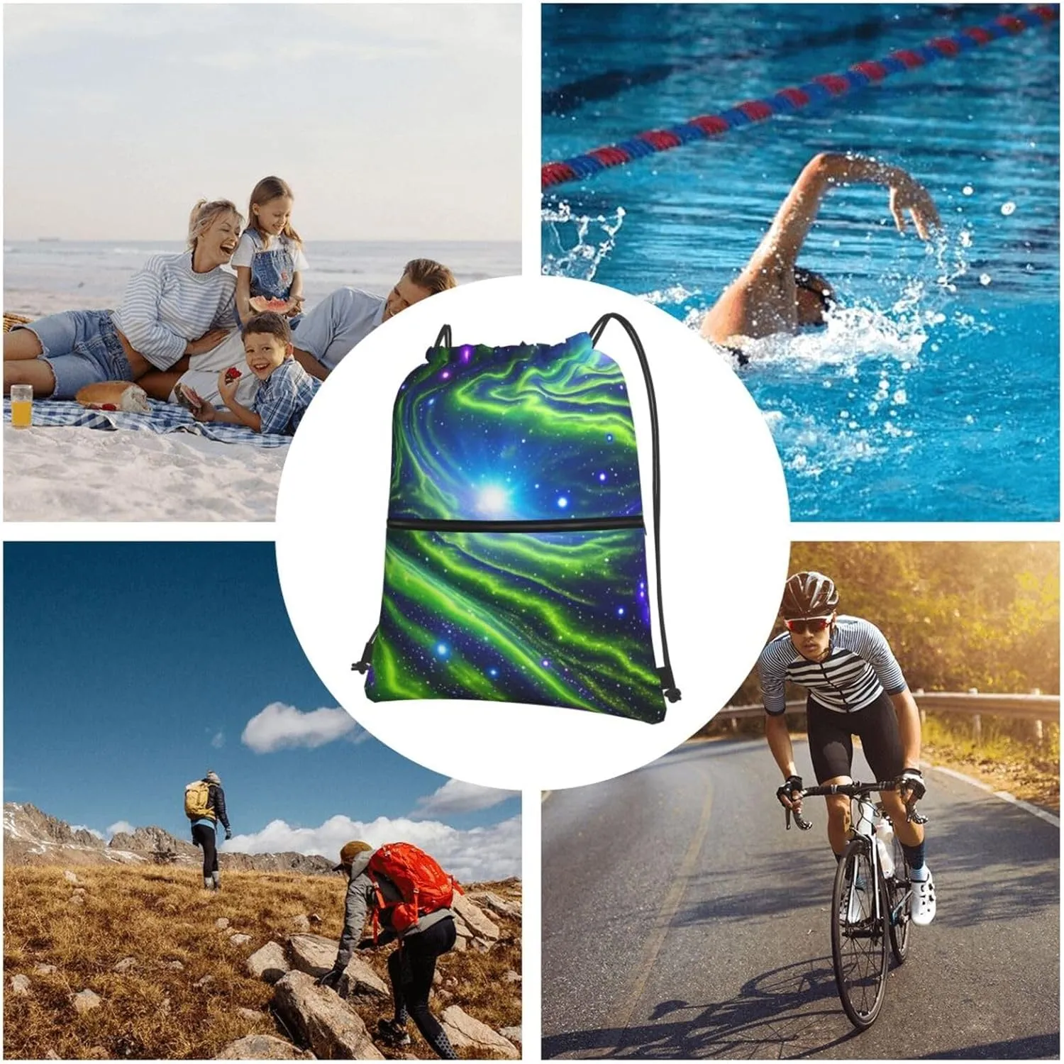 Drawstring Backpack Sports Gym Bags Green Blue Purple Galaxy Drawstring Bags for Men Women Beach Bag String Bag