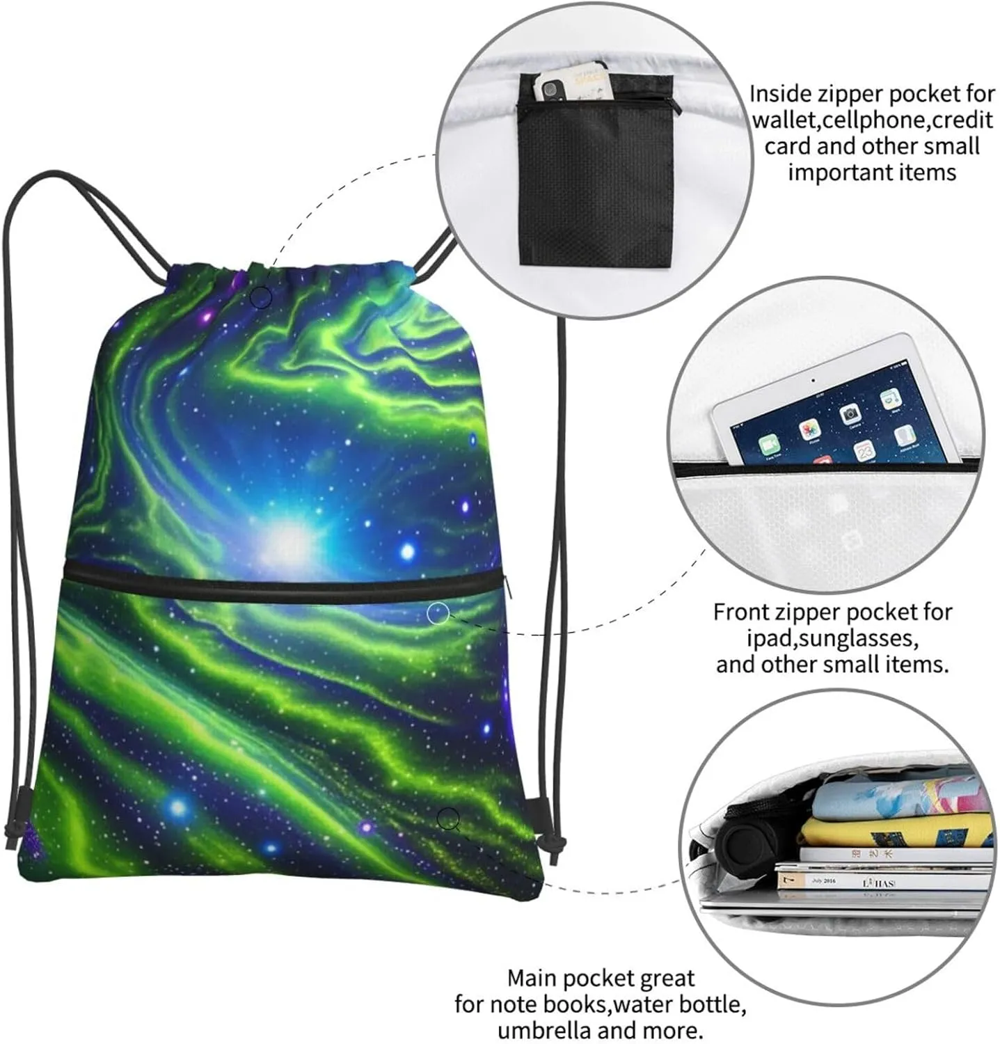 Drawstring Backpack Sports Gym Bags Green Blue Purple Galaxy Drawstring Bags for Men Women Beach Bag String Bag