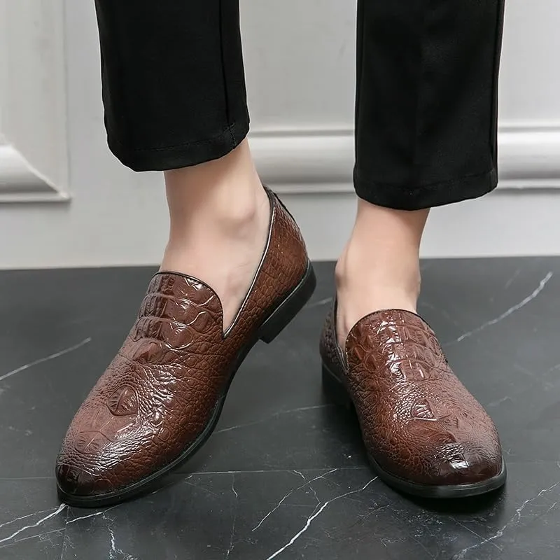 Dress Oxford Shoes for Men Slip On Round Burnished Toe Vegan Leather Crocodile Print Resistant Non Slip Block Heel Anti-Slip Working