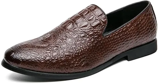 Dress Oxford Shoes for Men Slip On Round Burnished Toe Vegan Leather Crocodile Print Resistant Non Slip Block Heel Anti-Slip Working