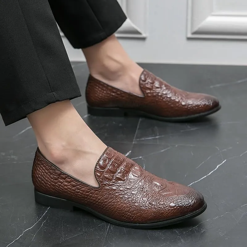Dress Oxford Shoes for Men Slip On Round Burnished Toe Vegan Leather Crocodile Print Resistant Non Slip Block Heel Anti-Slip Working