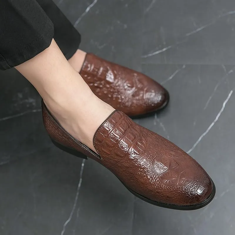 Dress Oxford Shoes for Men Slip On Round Burnished Toe Vegan Leather Crocodile Print Resistant Non Slip Block Heel Anti-Slip Working
