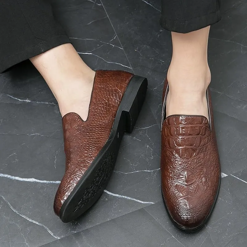 Dress Oxford Shoes for Men Slip On Round Burnished Toe Vegan Leather Crocodile Print Resistant Non Slip Block Heel Anti-Slip Working