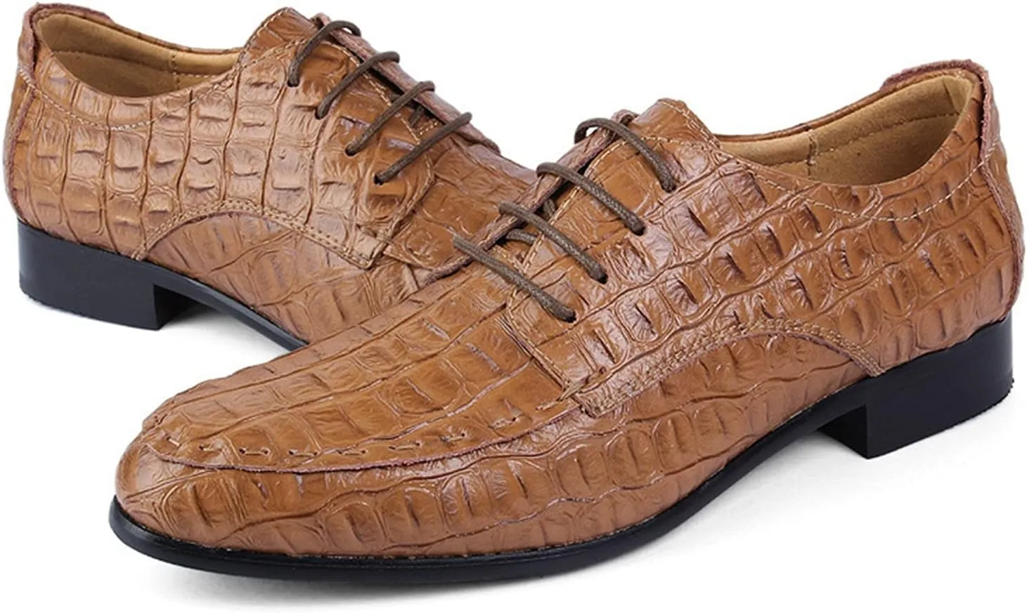 Dress Shoes for Men Lace Up Crocodile Embossed Apron Toe Derby Shoes Leather Rubber Sole Resistant Non Slip Block Heel Low Top Party (Color : Light Brown, Size : 10)