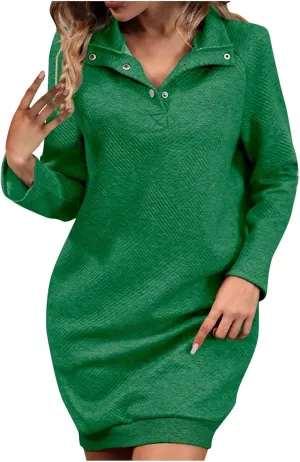 Dresses for Women Fall Winter V-Neck Rib Solid Button Down Slim Fit Dress Long Sleeve Pullover Outdoor Mini Dresses
