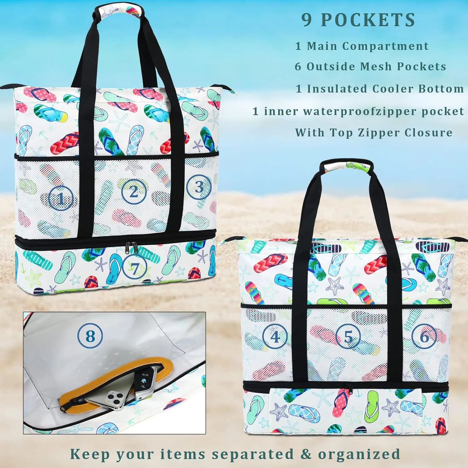 DSIUE Beach Bags with Cooler - Waterproof Sandproof Tote for Women - Large Pool Gym Travel Bag