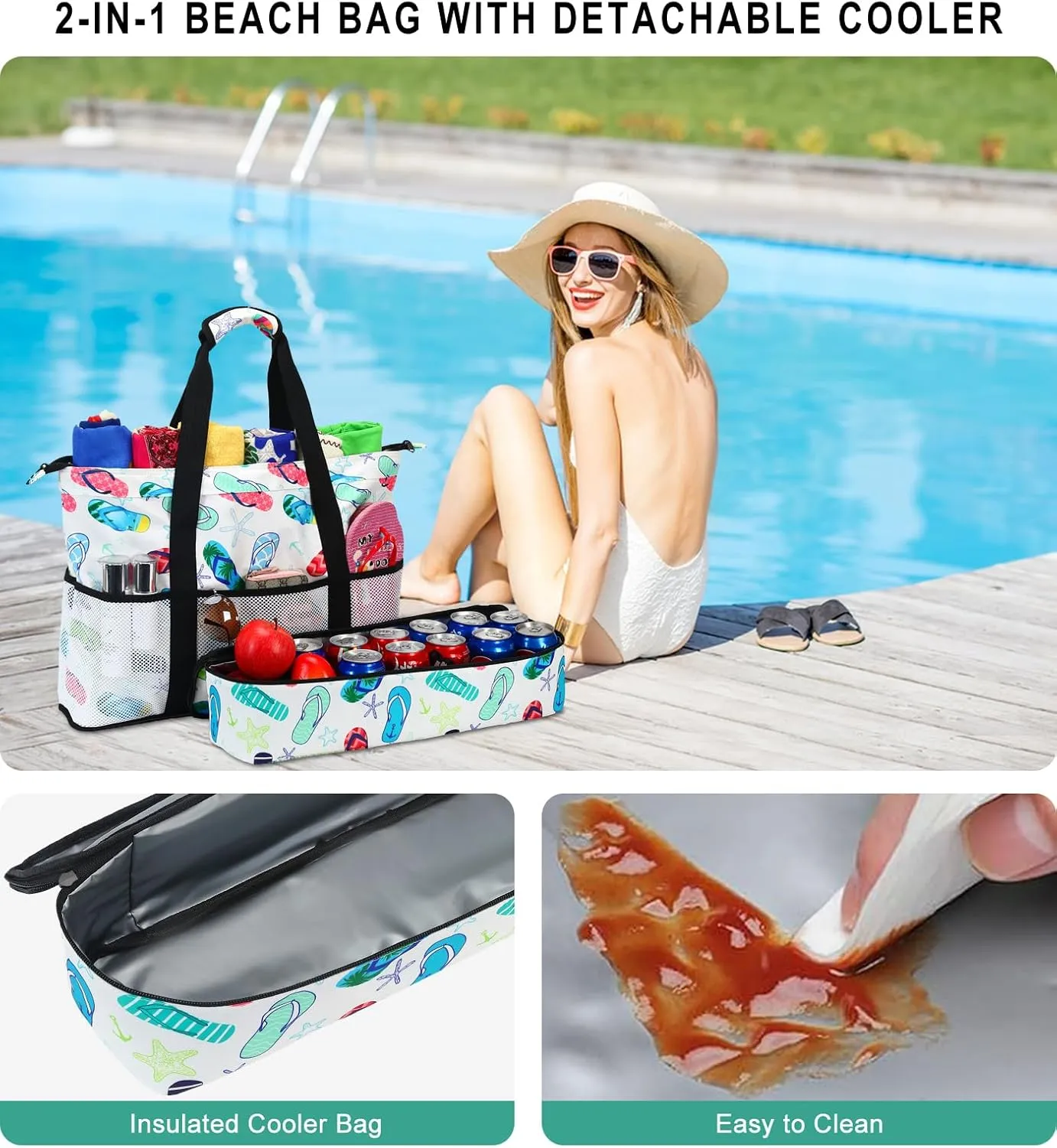 DSIUE Beach Bags with Cooler - Waterproof Sandproof Tote for Women - Large Pool Gym Travel Bag