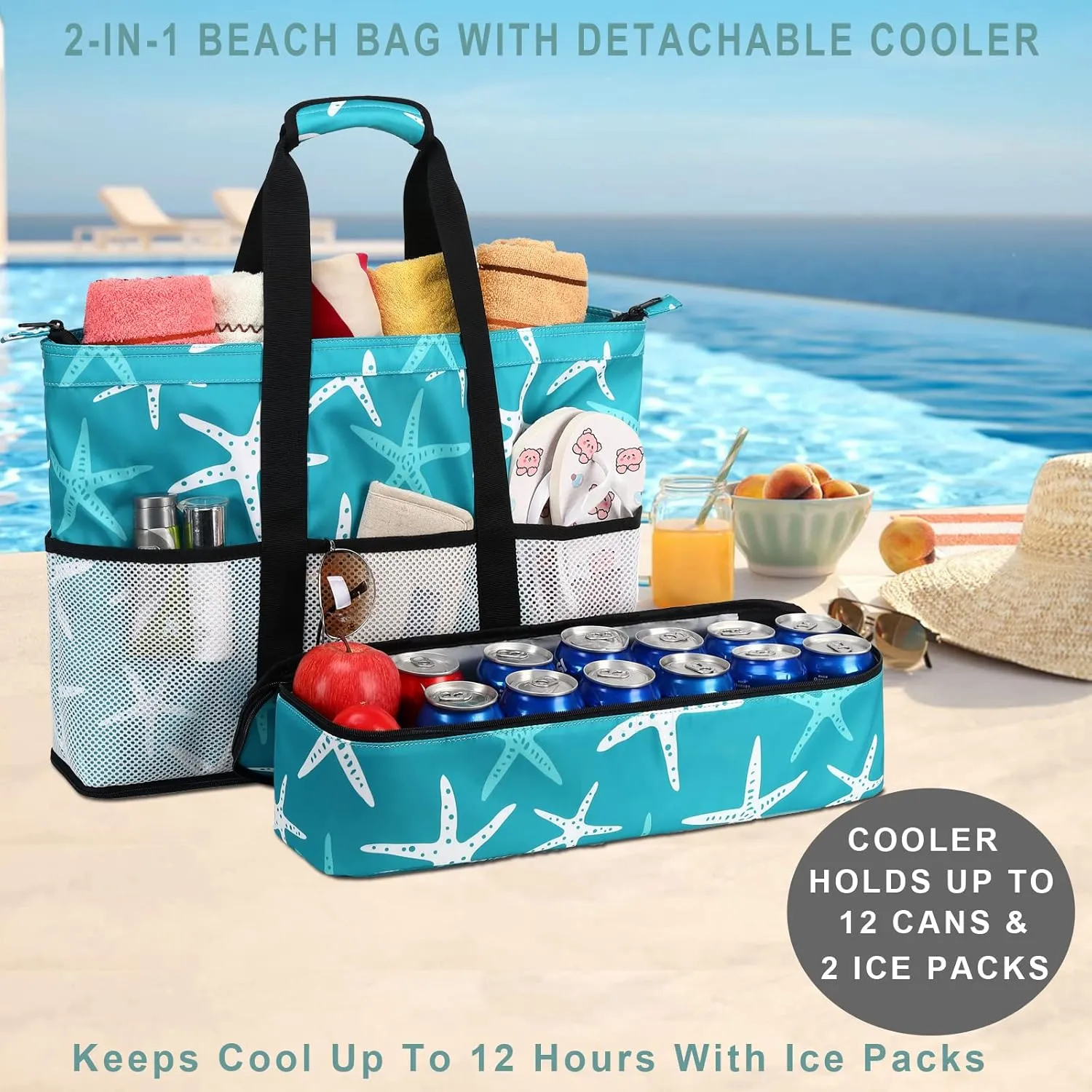 DSIUE Beach Bags with Cooler - Waterproof Sandproof Tote for Women - Large Pool Gym Travel Bag