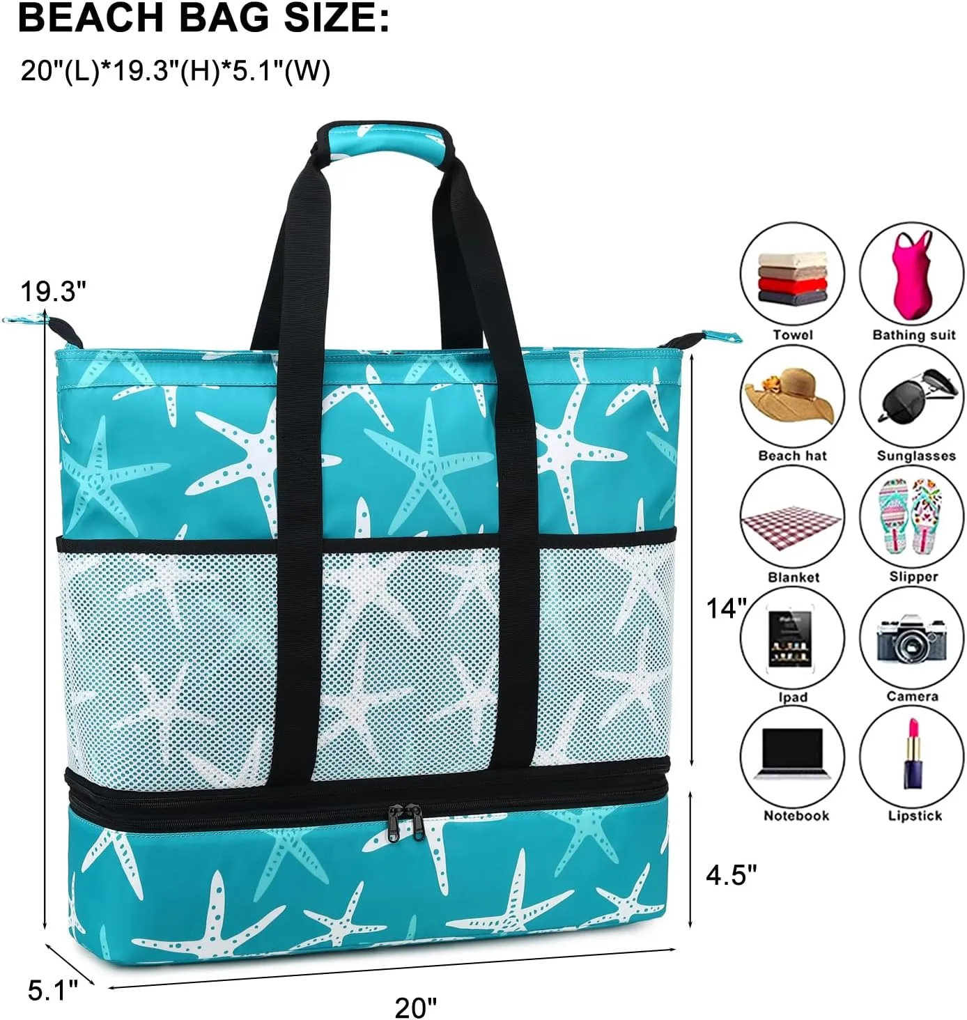 DSIUE Beach Bags with Cooler - Waterproof Sandproof Tote for Women - Large Pool Gym Travel Bag