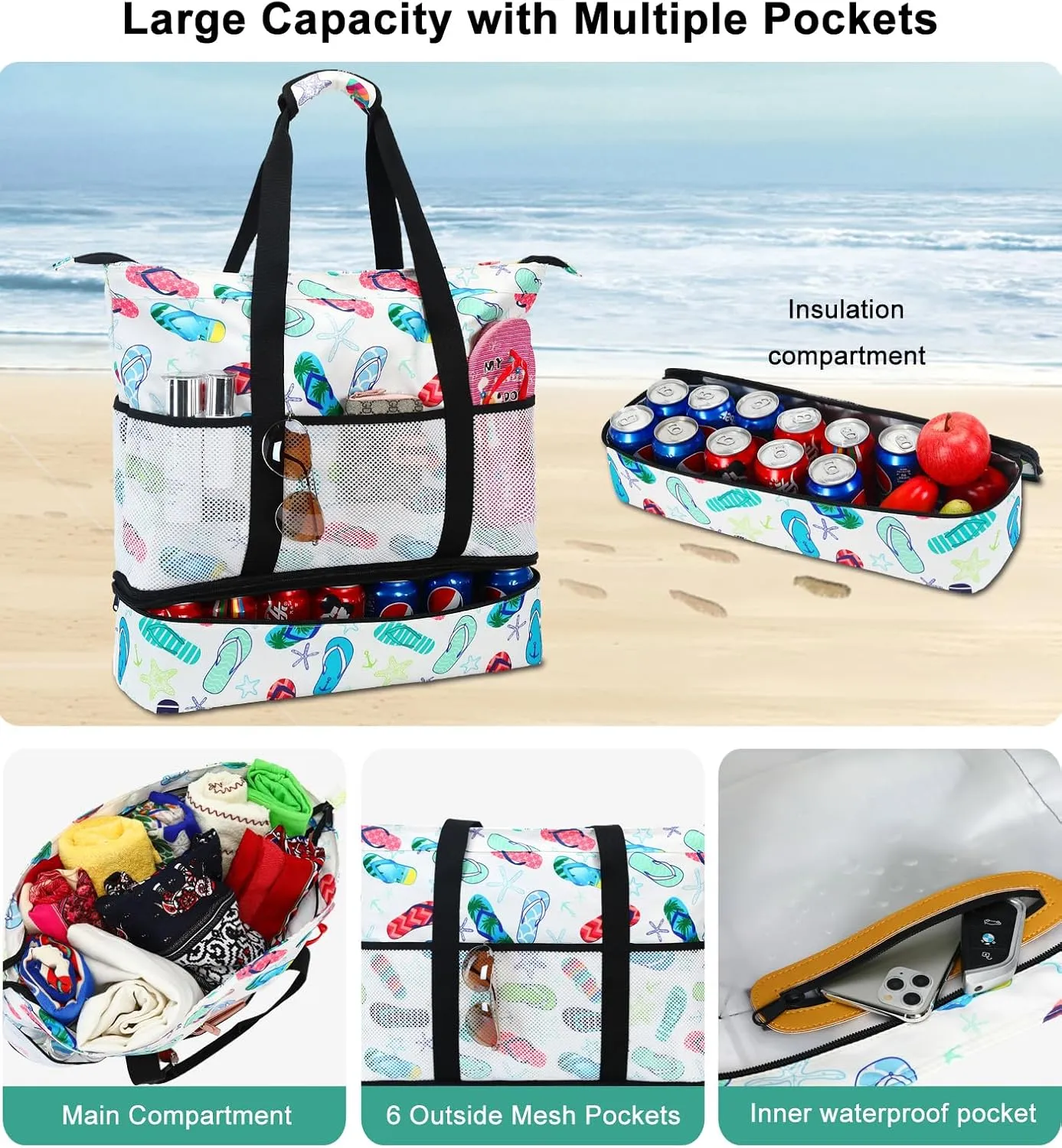 DSIUE Beach Bags with Cooler - Waterproof Sandproof Tote for Women - Large Pool Gym Travel Bag