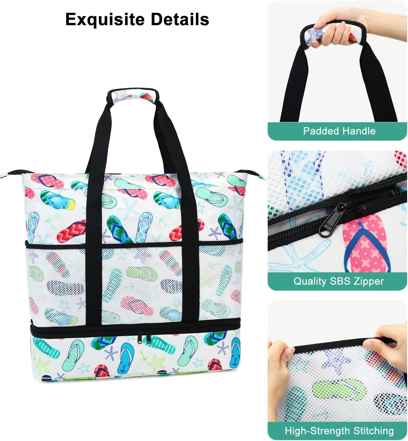 DSIUE Beach Bags with Cooler - Waterproof Sandproof Tote for Women - Large Pool Gym Travel Bag