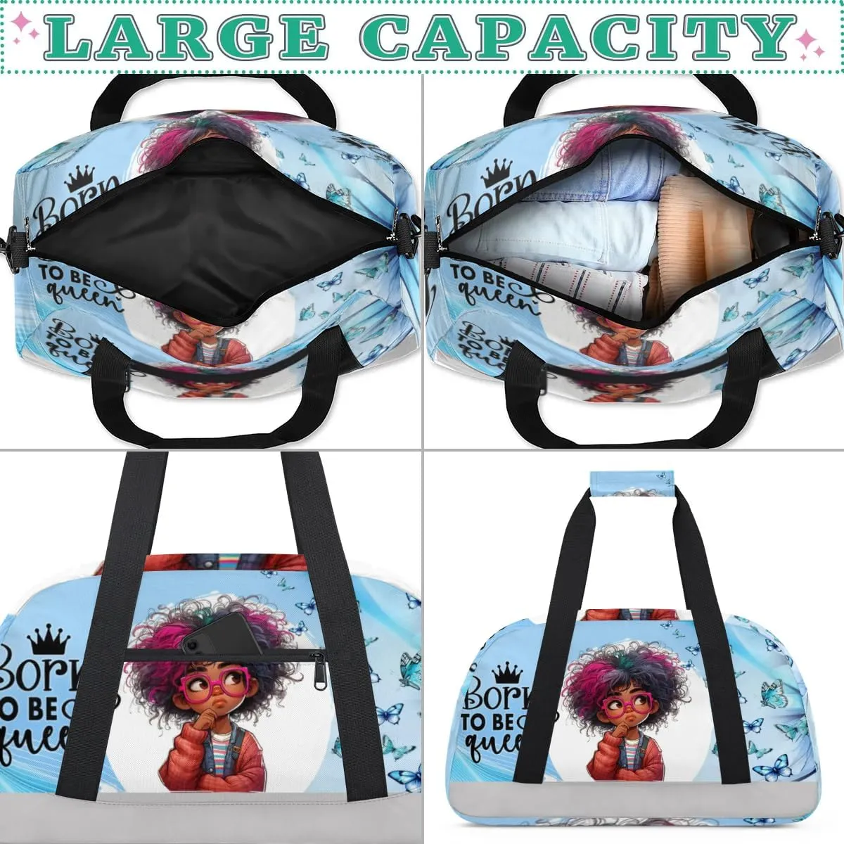 Duffle Bag African Girl Butterfly Glasses PersonalizedGym Bag Travel Bag Luggage Bag Waterproof Lightweight Sports for Dance Gymnastics Cheers Soccer Wrestling Hospital, for Weekender Overnight