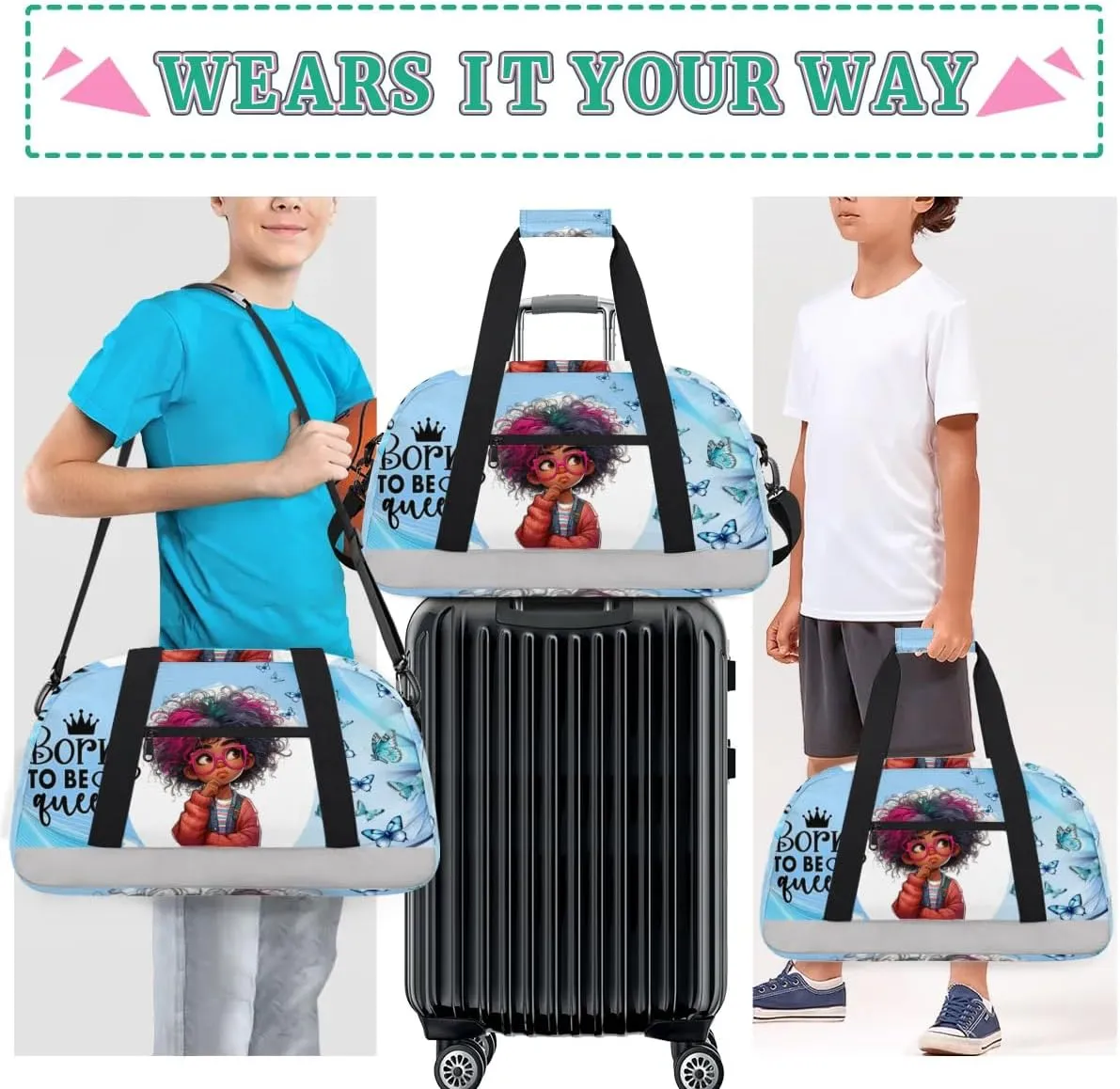 Duffle Bag African Girl Butterfly Glasses PersonalizedGym Bag Travel Bag Luggage Bag Waterproof Lightweight Sports for Dance Gymnastics Cheers Soccer Wrestling Hospital, for Weekender Overnight