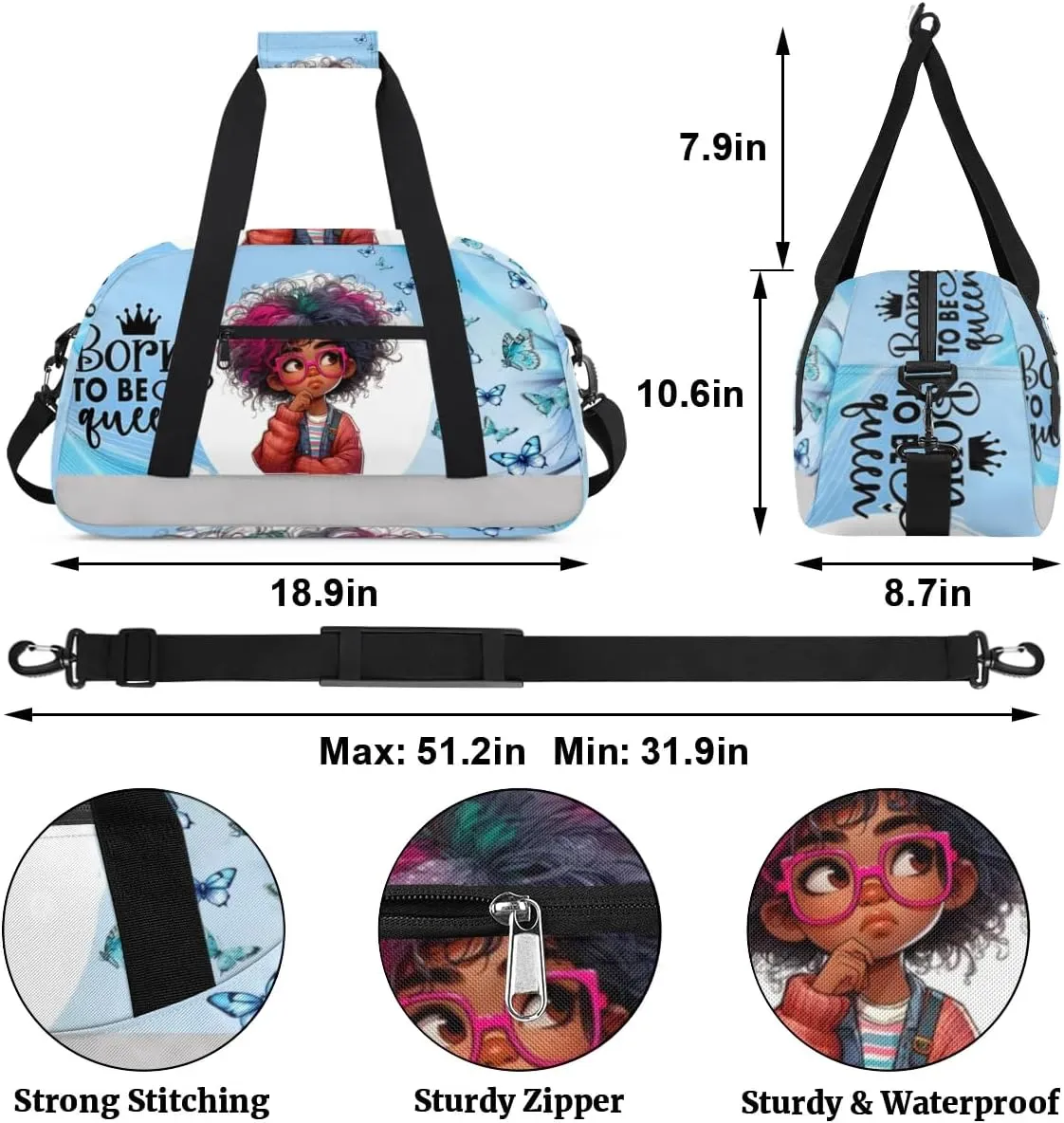 Duffle Bag African Girl Butterfly Glasses PersonalizedGym Bag Travel Bag Luggage Bag Waterproof Lightweight Sports for Dance Gymnastics Cheers Soccer Wrestling Hospital, for Weekender Overnight