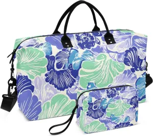 Duffle Bag Floral Blue Green for Travel, Gym Bag with Multiple Interior Pockets for Men Women Overnight Purse Included 20.5 x 1.9 x 13.8 In