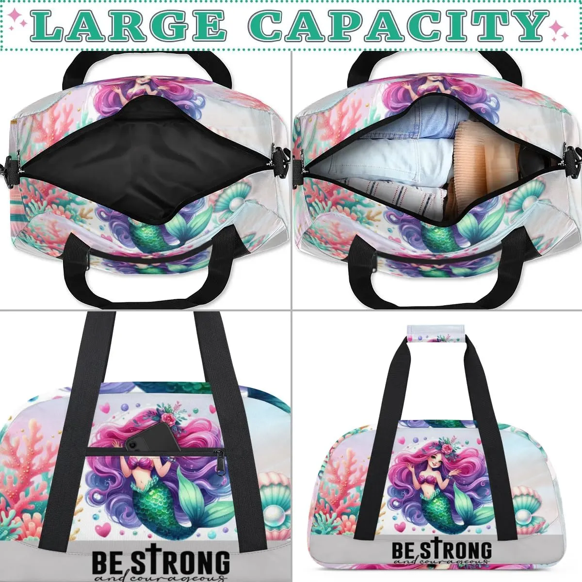 Duffle Bag Mermaid Shell Coral PersonalizedGym Bag Travel Bag Luggage Bag Waterproof Lightweight Sports for Dance Gymnastics Cheers Soccer Wrestling Hospital, for Weekender Overnight