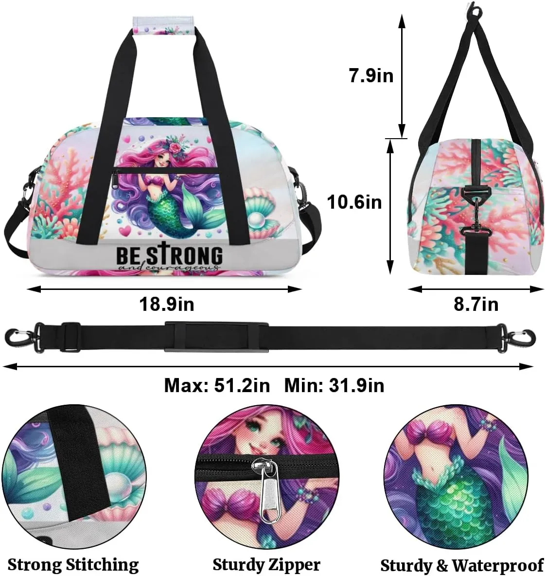 Duffle Bag Mermaid Shell Coral PersonalizedGym Bag Travel Bag Luggage Bag Waterproof Lightweight Sports for Dance Gymnastics Cheers Soccer Wrestling Hospital, for Weekender Overnight