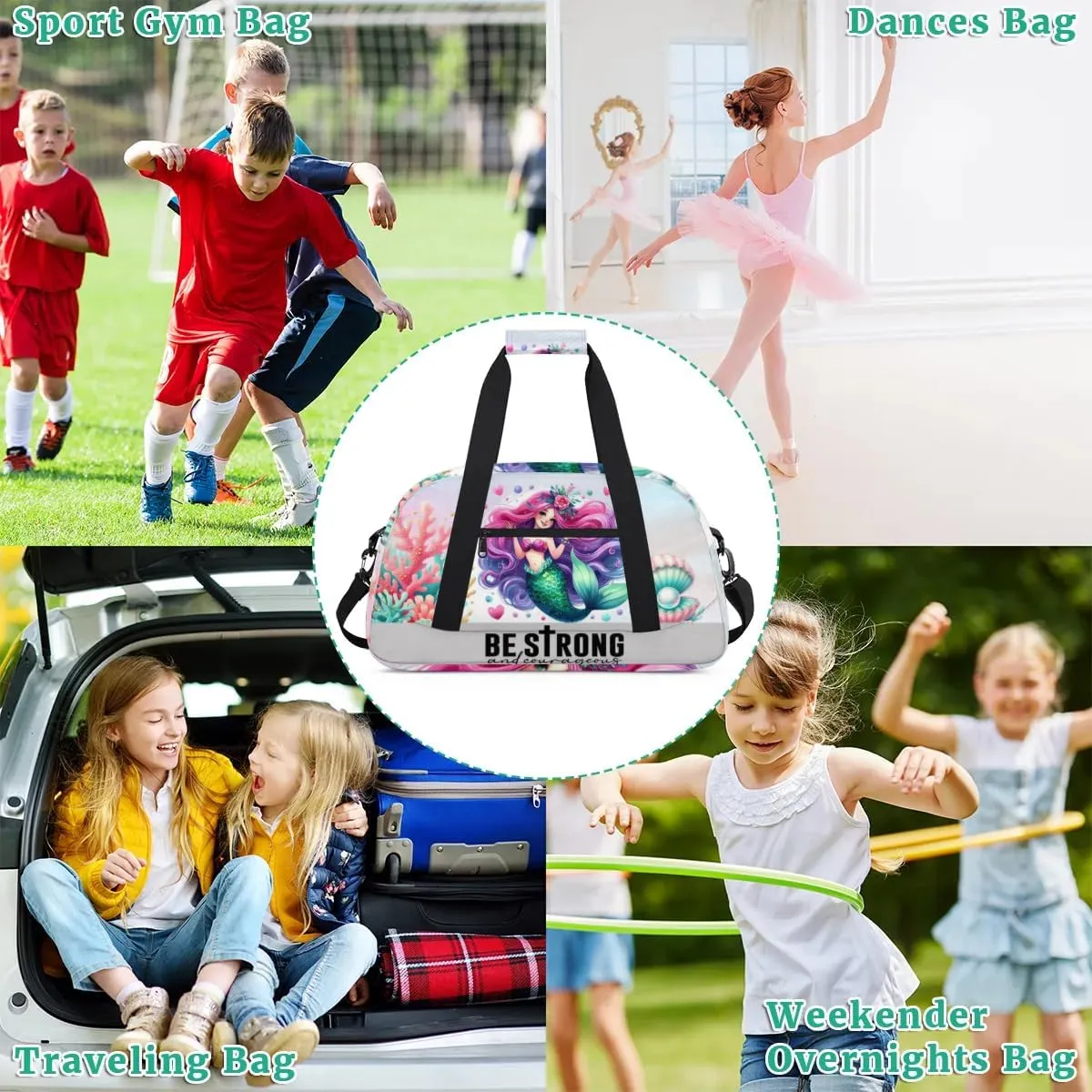 Duffle Bag Mermaid Shell Coral PersonalizedGym Bag Travel Bag Luggage Bag Waterproof Lightweight Sports for Dance Gymnastics Cheers Soccer Wrestling Hospital, for Weekender Overnight