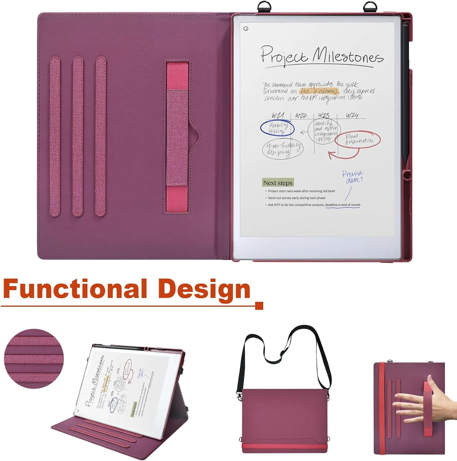E NET-CASE Case for Remarkable Paper Pro, 360 Degree Rotating Stand Cover with Pen Holder/Hand Strap/Carrying Shoulder Strap & Auto Sleep/Wake for Remarkable Paper Pro 11.8" 2024 Released (Red)