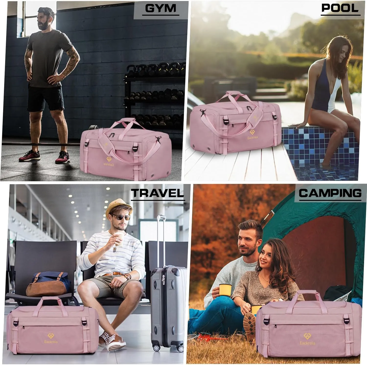 Eackrola Large Sports Gym Bag, Travel Duffel bag with Wet Pocket & Shoes Compartment for men women, 65L, Lightweight