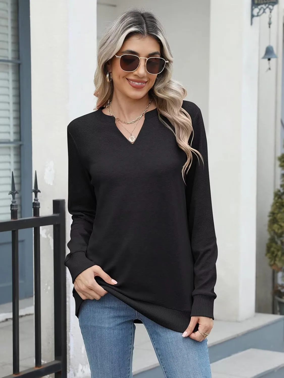 EADINVE Womens Casual Long Sleeve V Neck Sweatshirts Cute Loose Fit Lightweight Pullover Fall Clothes Tunic Tops