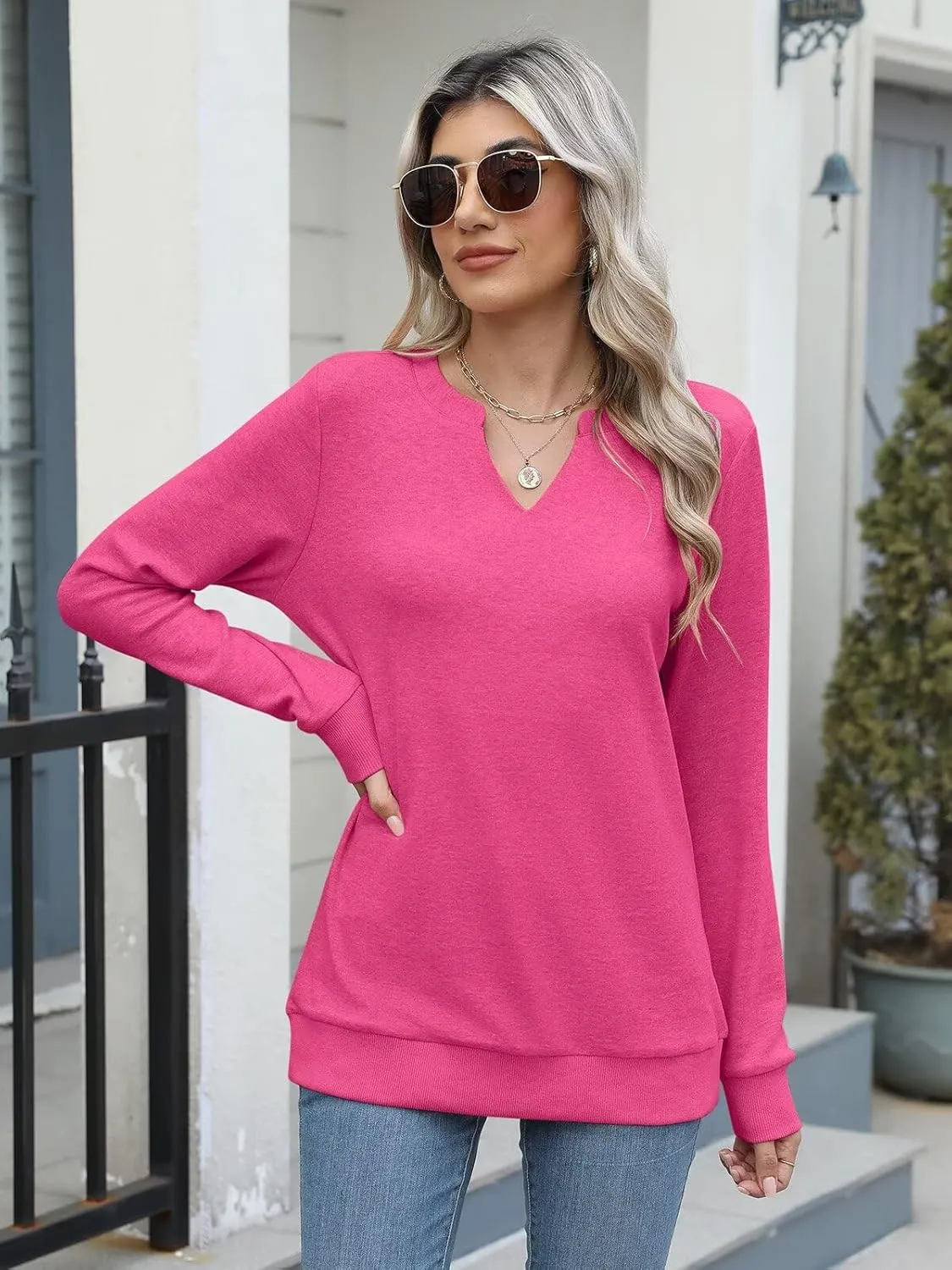 EADINVE Womens Casual Long Sleeve V Neck Sweatshirts Cute Loose Fit Lightweight Pullover Fall Clothes Tunic Tops